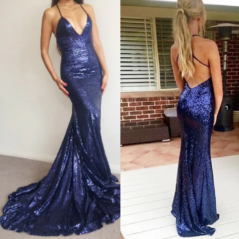 Spaghetti Straps V-Neck Sequin Sexy Backless Mermaid Prom Dress, D724 Tunics Fleece cozy