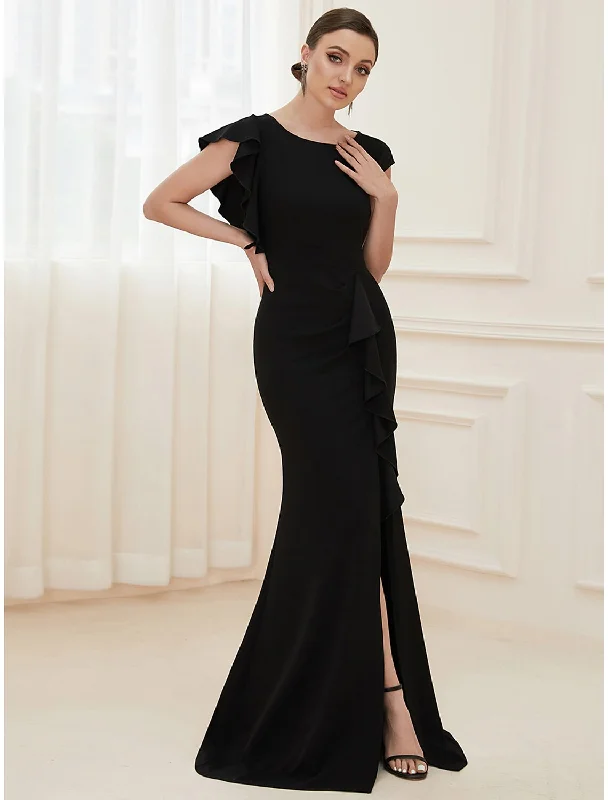 Mermaid / Trumpet Evening Gown Vintage Dress Formal Wedding Guest Floor Length Short Sleeve Jewel Neck Nylon with Ruffles Slit Tunics Chic fashionable