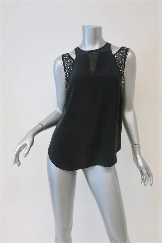 Rebecca Taylor Cutout Shoulder Tank Top Black Crystal-Embellished Silk Size 0 lace tank top