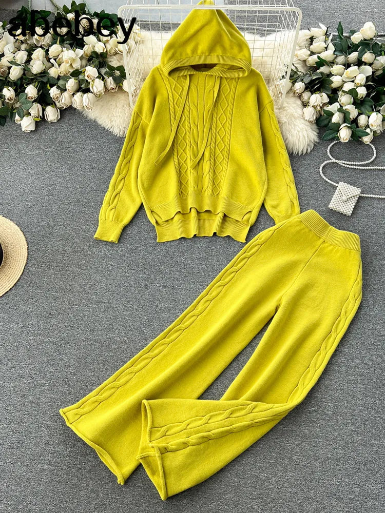 Two Piece With Hat Autumn Women Sweater Tracksuit Fashion loose Sweater+Pant Female Knit Warm Set Wide Leg Pants Suits Trousers Cable Knit Ribbed Knit Lace Knit