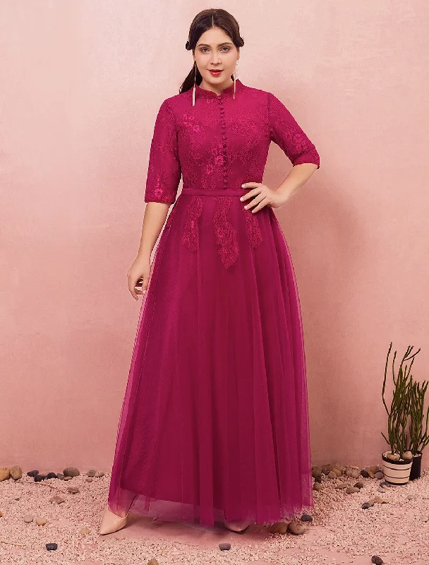 A-Line Chinese Style Plus Size Engagement Formal Evening Dress High Neck Half Sleeve Floor Length Lace with Buttons Tunics Seasonal trendy