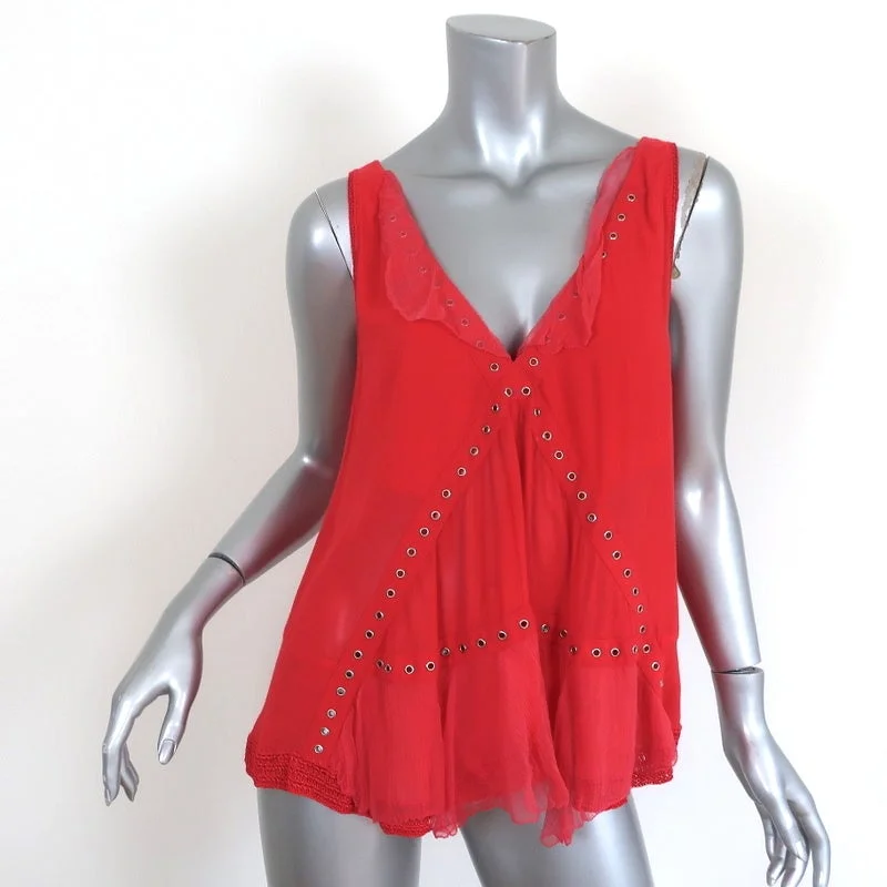 IRO Tank Top Sackson Red Grommet & Crochet Trim Crepe Size 36 bold tank top