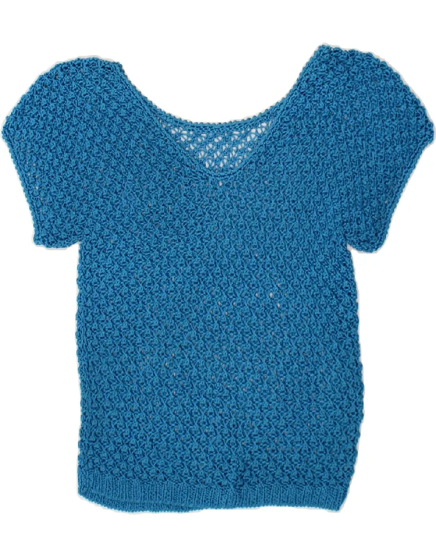 VINTAGE Womens Short Sleeve Crochet V-Neck Jumper Sweater UK 14 Large Blue Sequined Glittery Shiny