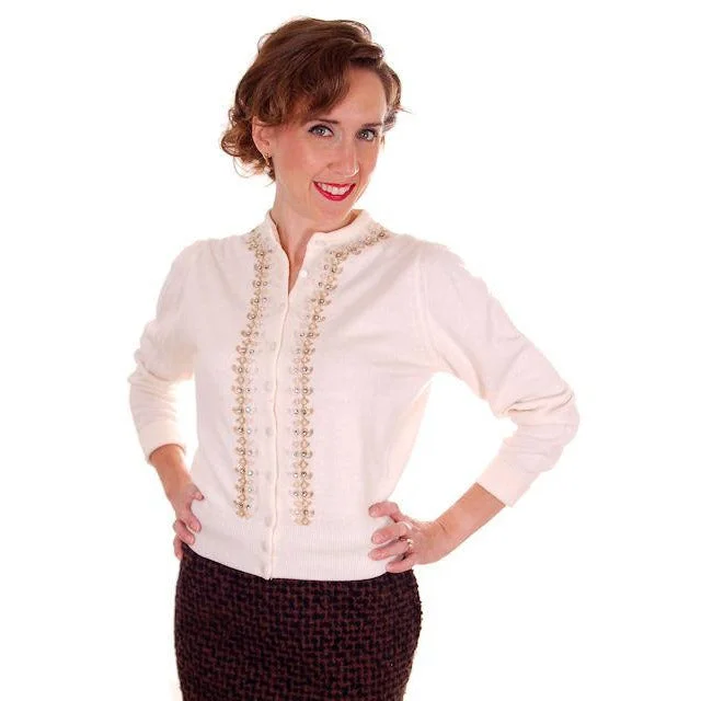 Vintage Ladies Ivory Sweater Embellished w Beads & Rhinestones 1950s M Modern Contemporary Chic