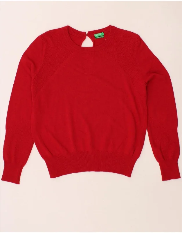 BENETTON Womens Crew Neck Jumper Sweater UK 14 Medium Red Viscose Iron Safe Non-Iron Wrinkle Free