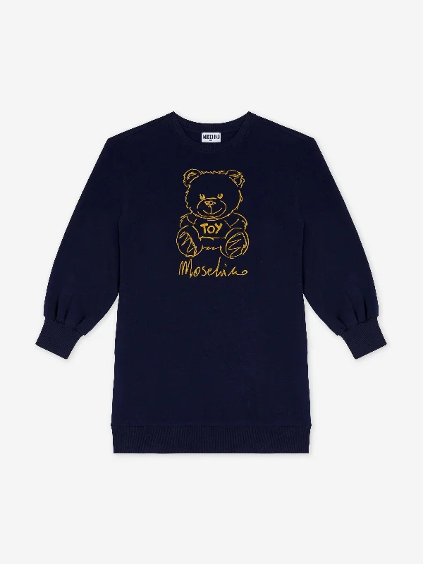 Moschino Girls Bear Logo Sweater Dress in Navy Zippered Buttoned Snapped