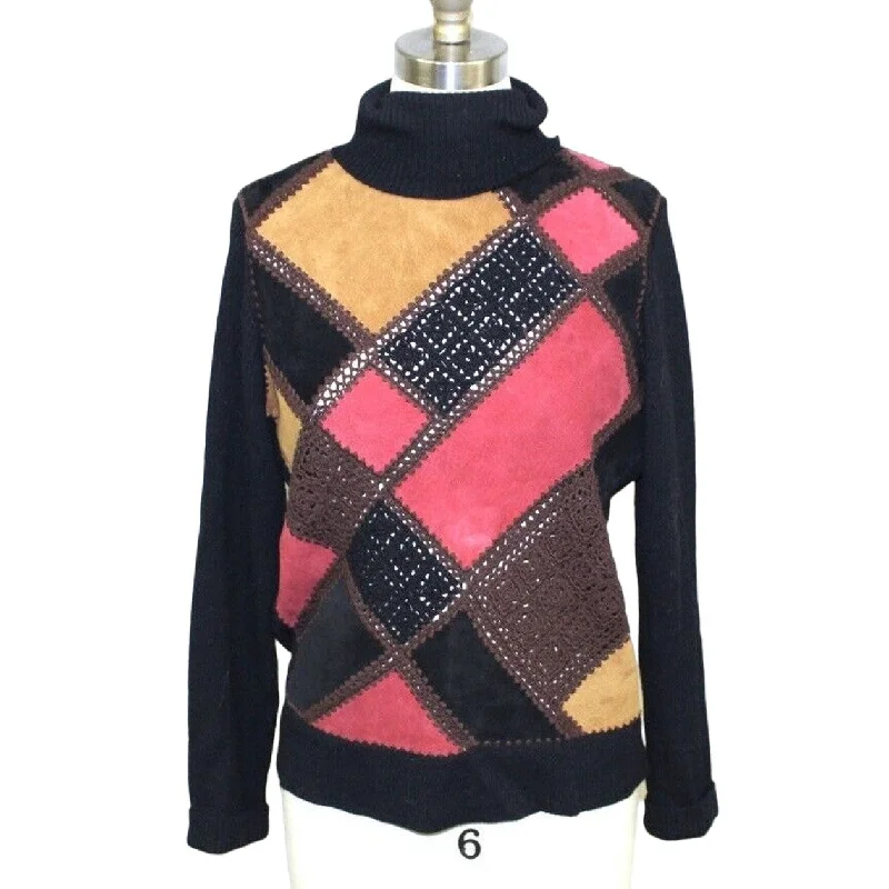 Retro VTG Suede Patchwork & Crochet Sweater Turtleneck Womens S/M Black Red Gold Sweater Knitwear Pullover