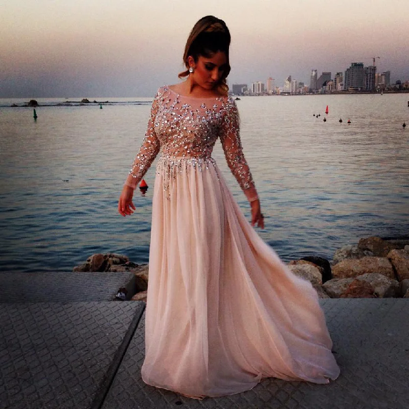 Sparkle Beaded Sequin Long Sleeve Prom Dress, Honest A-Line Tulle Prom Dress, D369 Tunics Office stylish