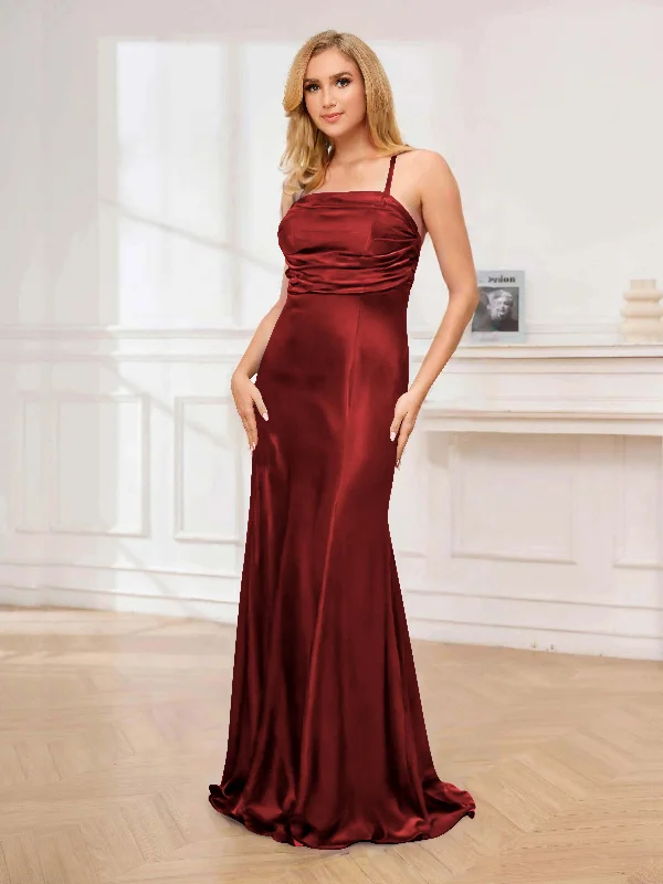 Julieta A-Line Halter Pleated Floor Length Satin Wedding Guest Dresses Turtleneck Neckline Stylish