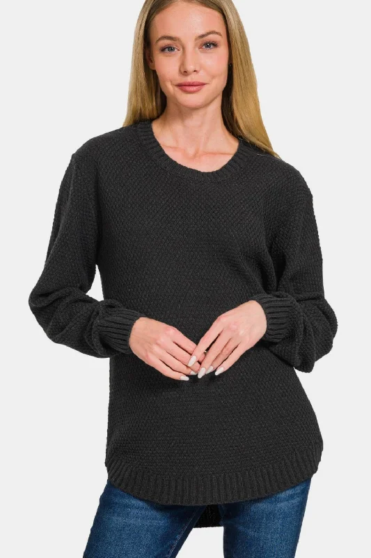 Full Size Round Neck Long Sleeve Sweater Stretchy Elastic Breathable