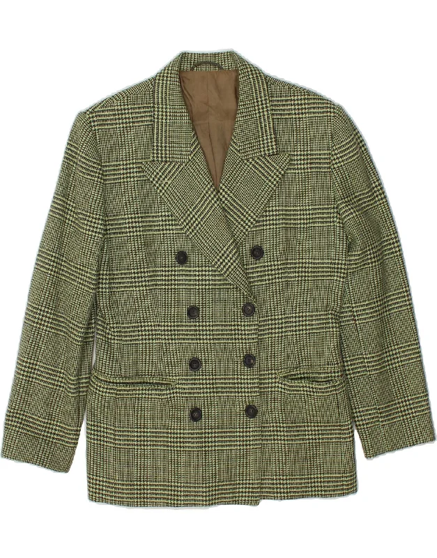 VINTAGE Womens Double Breasted Blazer Jacket EU 38 Medium Green Check Faux Fur Fabric Real Fur Fabric Shearling Fabric