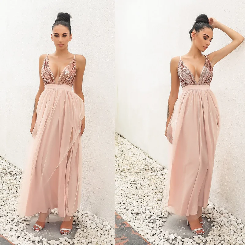 Deep V-Neck Tulle Prom Dress, Sequin Top Prom Dress, Slit Prom Dress, D347 Tunics Bridal satin