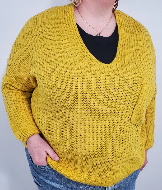 SOFT THREAD V NECK SWEATER - MUSTARD - CURVY Plaid Sweater Polka Dot Checkered