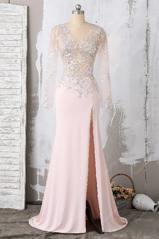 Pink Sequins Jersey Fit and Flare Sexy Slit Prom Dress Cutout Back Pencil Office Professional