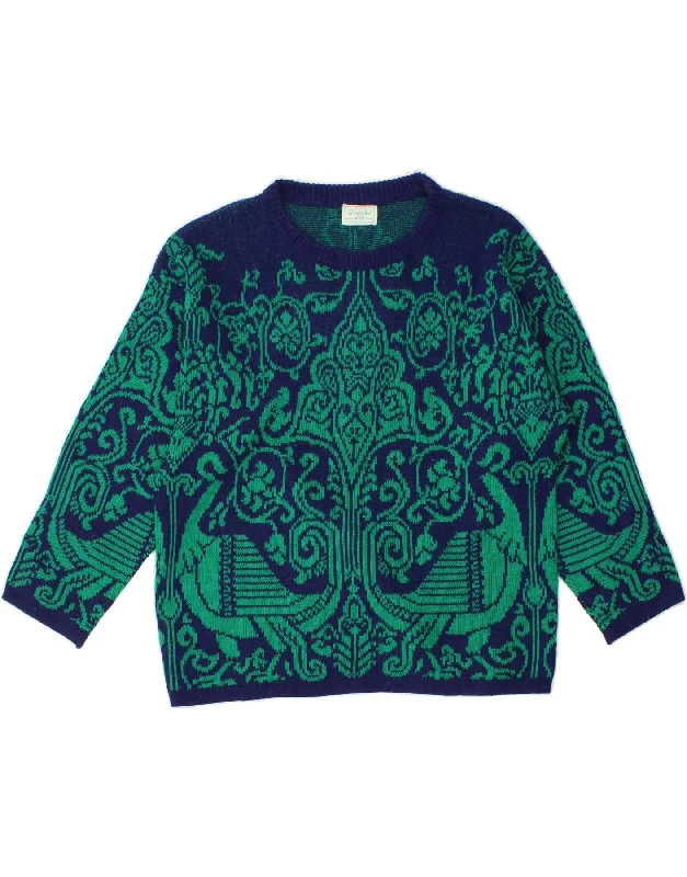 BENETTON Womens Crew Neck Jumper Sweater UK 14 Large Green Fair Isle Fitted Loose Oversized