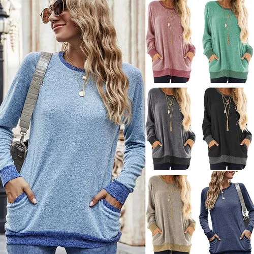 Women Color Contrast Pocket Sweater Long Sleeve Pullover Sweatshirt T-shirt Hoodie with Cropped Fit Short Trendy