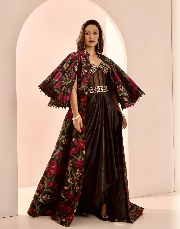 Elegant Fusion Black Silk Floral Jacket with Hand-Embroidered Corset Drape Gown Zippered Jacket Buttoned Jacket Snapped Jacket