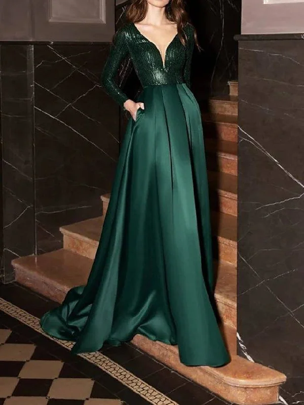 A-Line Glittering Elegant Wedding Guest Formal Evening Dress V Neck Long Sleeve Court Train Satin Sequined with Pleats Sequin Halter Neckline Beach