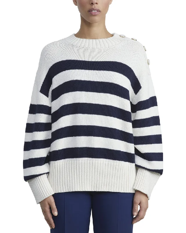 Lafayette 148 New York Nautical Striped Wool Sweater Zippered Front Buttoned Front Snap Front