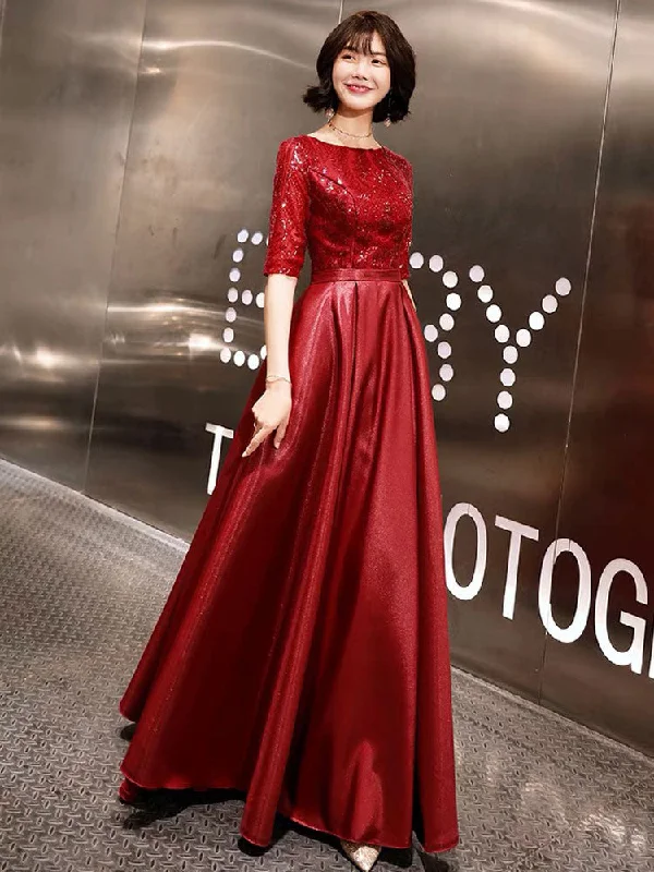 Stunning Evening Dresses Burgundy Half Sleeve Sequin Satin Floor Length Long Prom Gown Tunics Fleece cozy