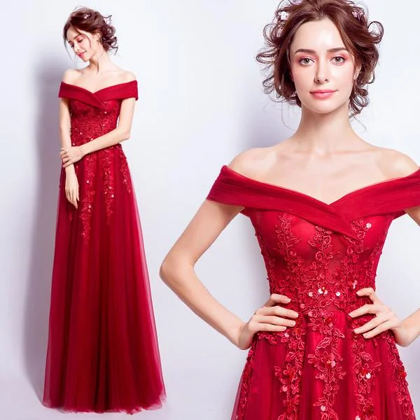 Off the Shoulder Sequin Applique Charming Prom Dresses, Red Beaded A-Line Prom Dresses, 220010 Tunics Sophisticated sleek