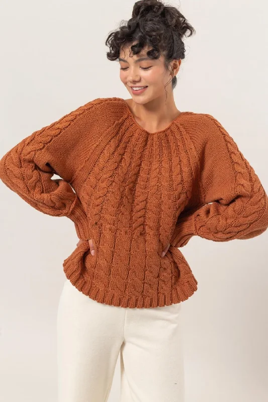 Rust Cable-Knit Round Neck Raglan Sleeve Sweater Beaded Sweater Sequined Faux Fur