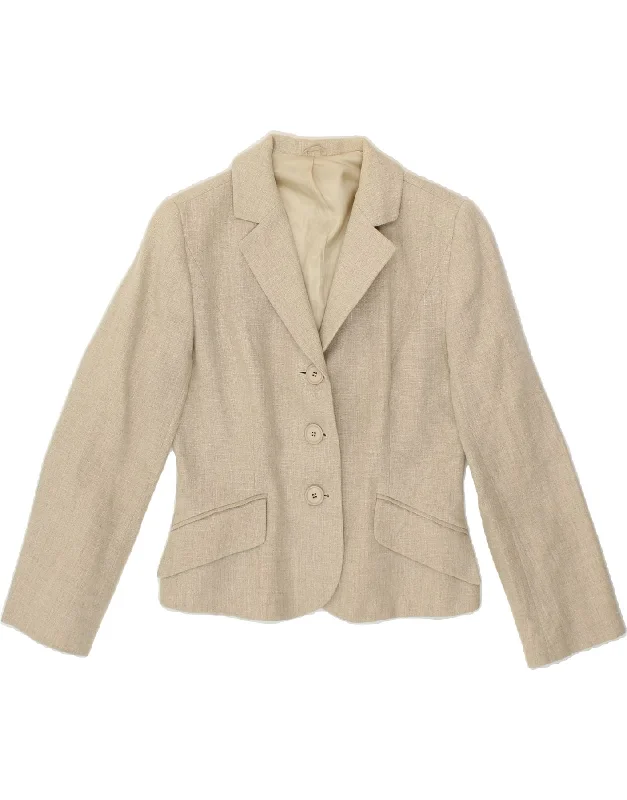 HOBBS Womens 3/4 Sleeve 3 Button Blazer Jacket UK 10 Small Beige Linen Cardigan Sweater Pullover