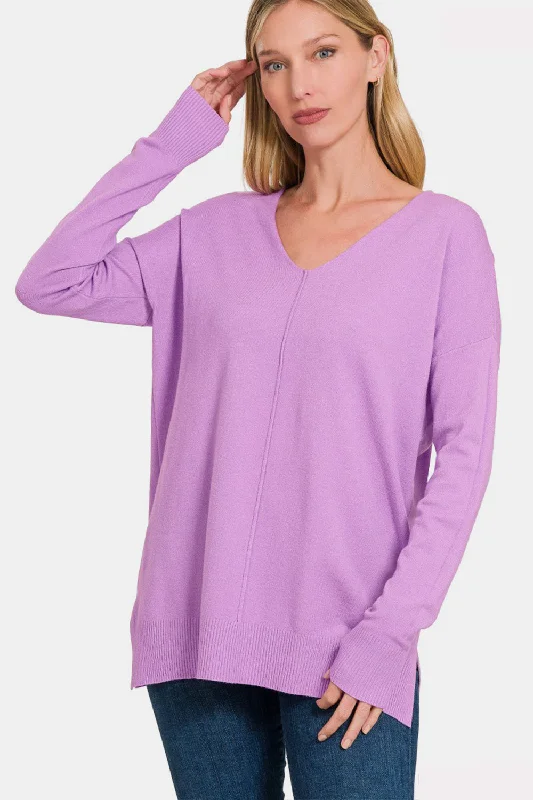 Joy Slit V-Neck Dropped Shoulder Sweater Lightweight Heavyweight Midweight