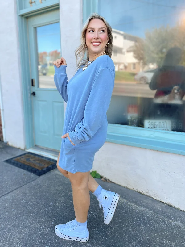 Oops I Did it Again Sweatshirt Dress | Blue Hoodie with Stripes Bold Sporty