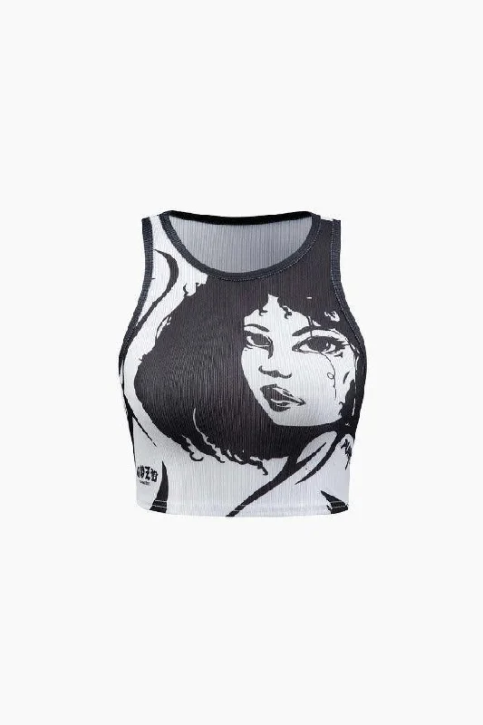 Face Print Rib Tank Top flowy tank top