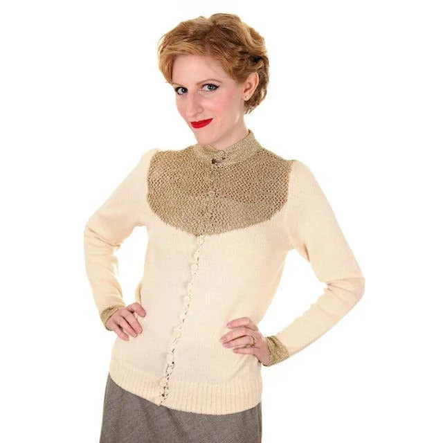 Vintage Silk Knit Sweater Metallic Gold Crochet Yoke Richard Assatly 1970s Small Iron Safe Non-Iron Wrinkle Free