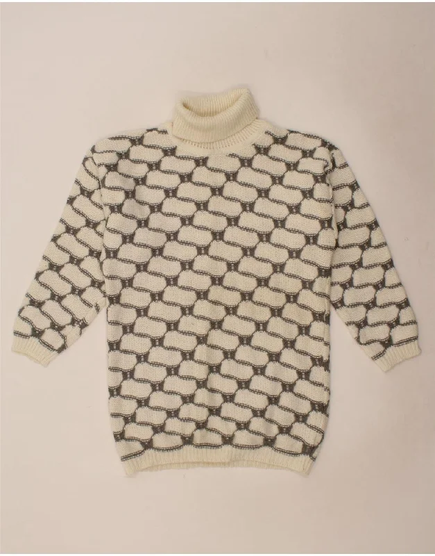 VINTAGE Womens Roll Neck Jumper Sweater UK 14 Large Off White Geometric Toggled Drawstring Belted