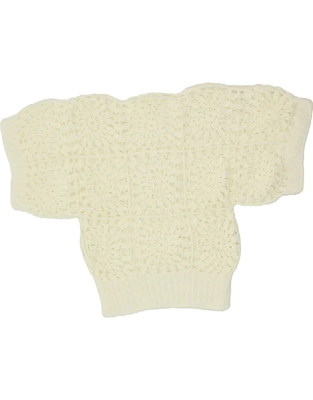 VINTAGE Womens Crochet Boat Neck Jumper Sweater UK 10 Small Off White Nylon Fabric Polyester Fabric Spandex Fabric