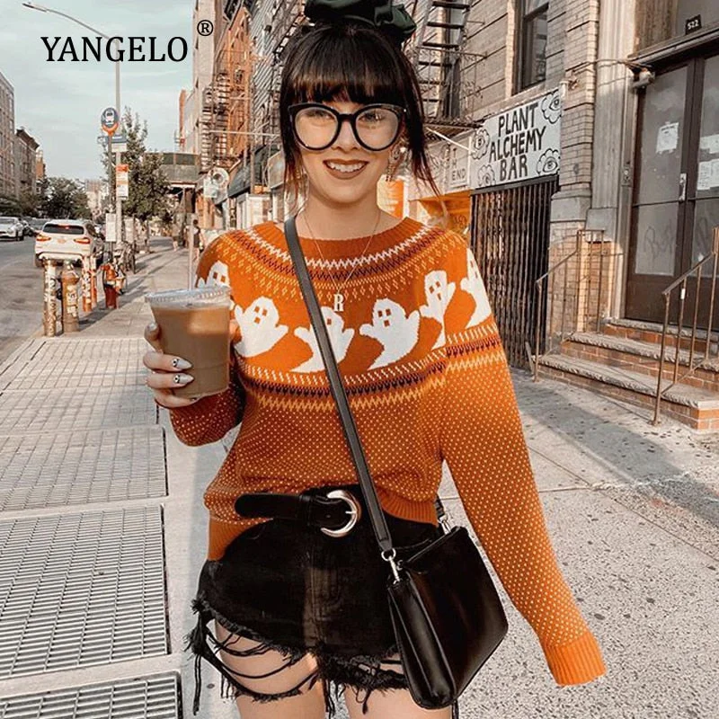 Yangelo Gothic Ghost Pattern Sweater Knit Top Loose Long Sleeves Sweater Knitwear Pullover