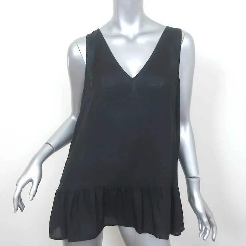 THE GREAT Ruffle Hem Tank Top Black Silk Size 2 Sleeveless V-Neck Blouse off shoulder tank