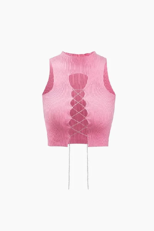 Cut Out Rhinestone Tie Tank Top seamless tank top