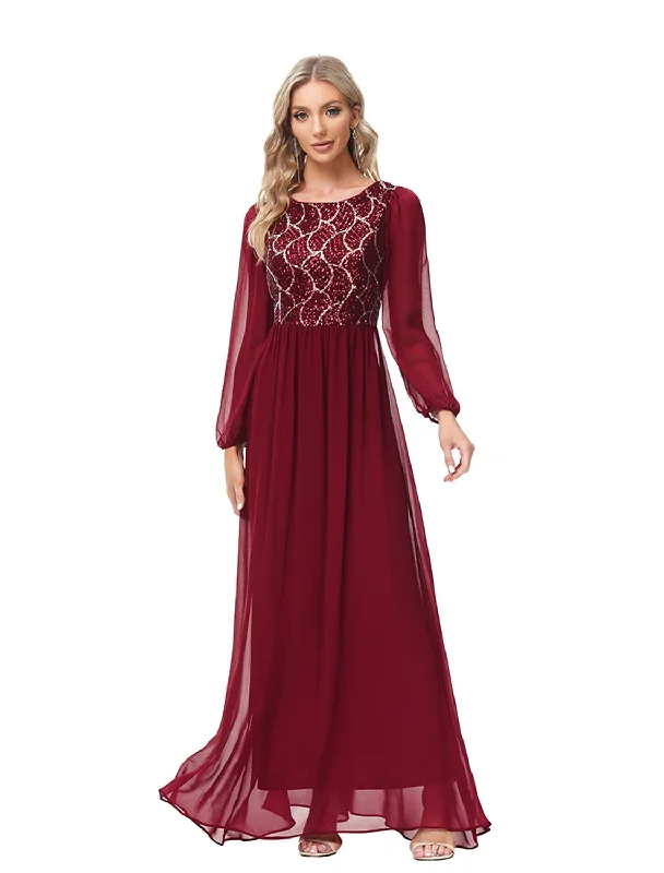 A-Line Evening Gown Empire Dress Party Wear Wedding Guest Floor Length Long Sleeve Jewel Neck Chiffon V Back with Sequin Splicing Tunics Review highly