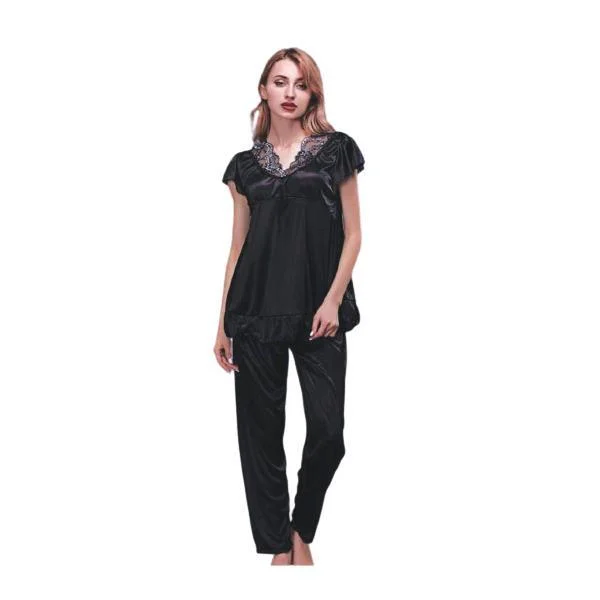 2 Pc Fancy Silk Night Pajama Shirt Set For women Online In Pakistan Zippered Buttoned Snapped