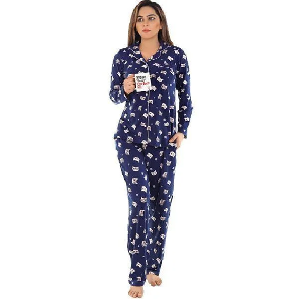 Siesta Finish Cat Print Shirt & PJ Set Front Pockets Side Pockets Patch Pockets