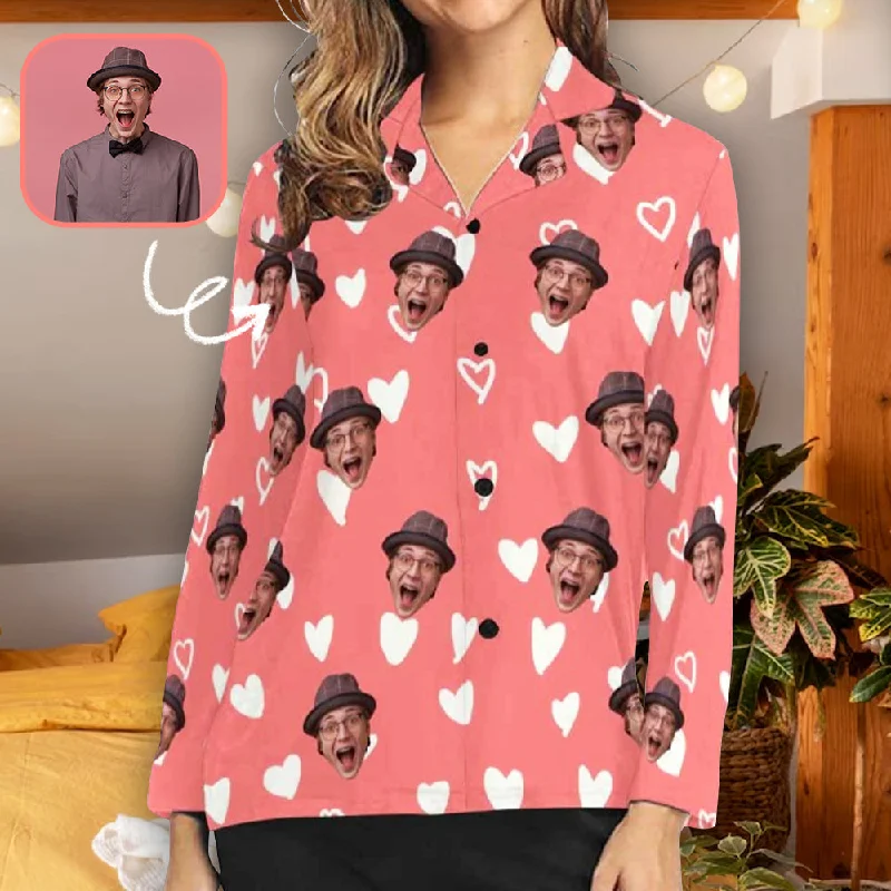 Custom Face Pajama Shirt Top Personalized Women's Face White Heart Sleepwear Shirt Notch Collar Peter Pan Collar Cowl Neck