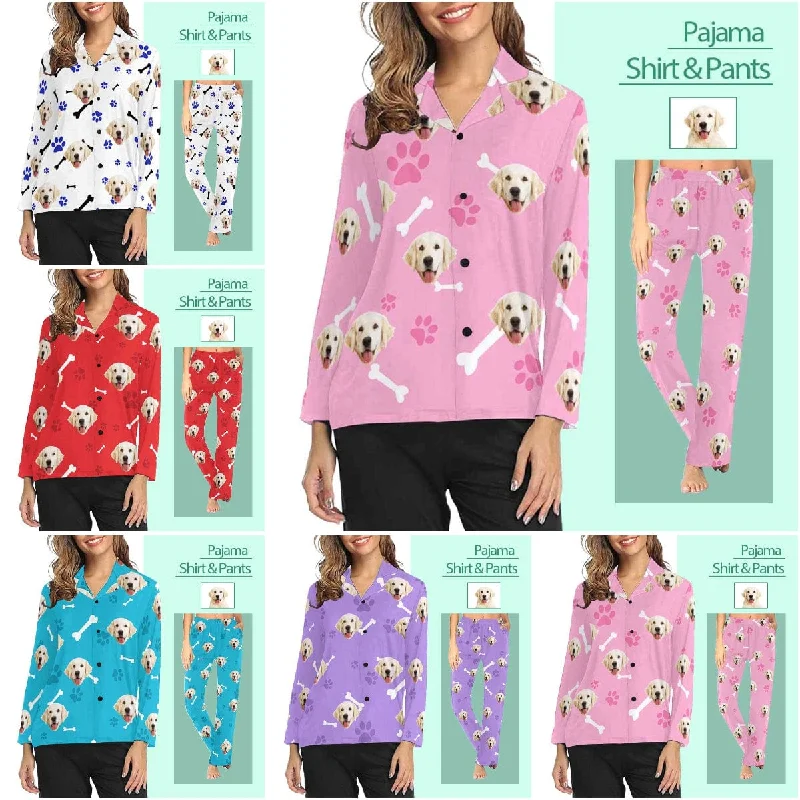 Custom Photo My Pet Dog Sleepwear Personalized Women's Slumber Party Long Pajama Shirt&Pants Casual Formal Business