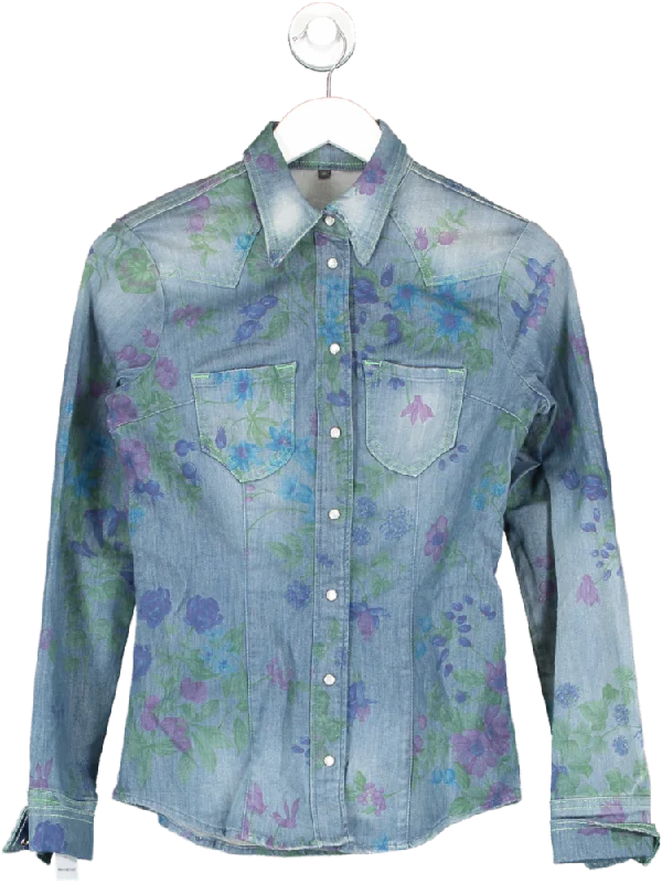 Don't Cry Milan Blue Floral Printed Denim Shirt UK 6 Seamless Knitted Crochet