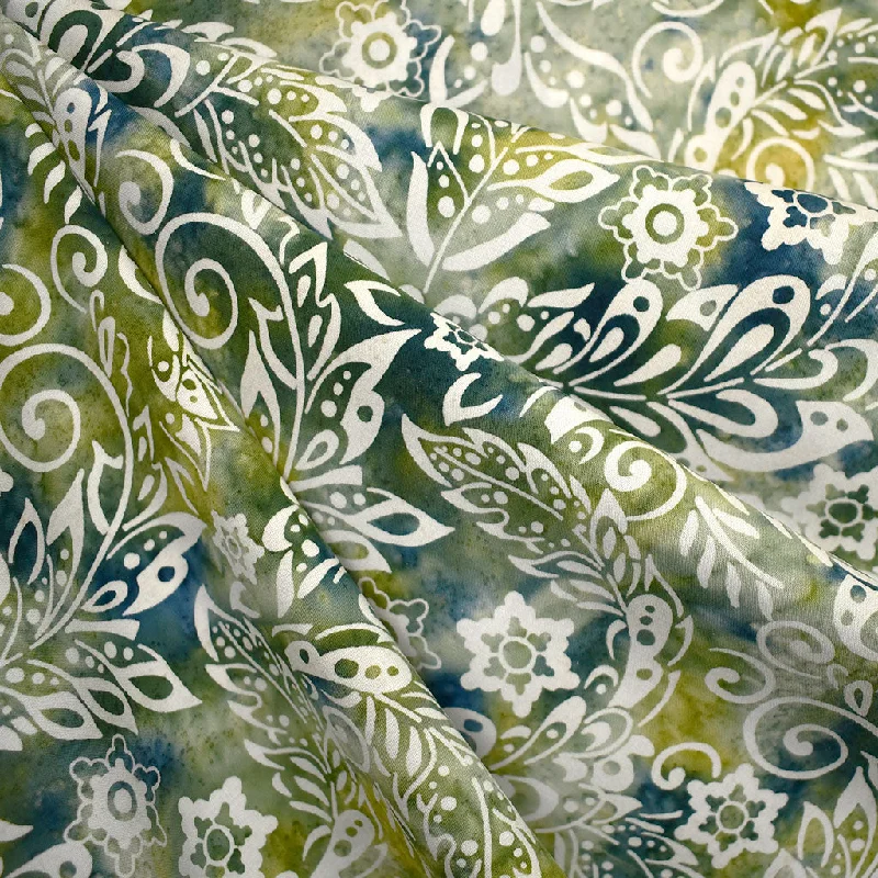 Feathery Leaf Floral Batik Rayon Shirting Olive/Vanilla Sequined Glittery Shiny