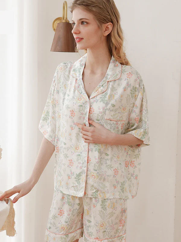 Floral Cotton Shirt Shorts Pajamas Set Elasticated Padded Insulated