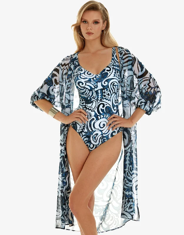 Graffiti Midi Length Beach Shirt - Blue and White Hooded Caped Shawl Collar