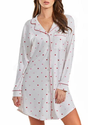 Lilly Heart Print Button Down Sleep Shirt with Contrast Red Trim Solid Color Striped Floral