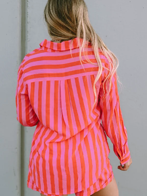 Long-Sleeve Stripe Shirt and Shorts Front Pockets Side Pockets Patch Pockets