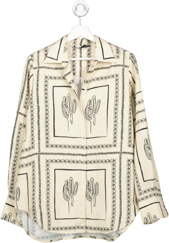 Mehtap Elaidi Cream Oversize Classic Shirt Cactus Print UK S Spandex Blend Rayon Blend Denim Blend