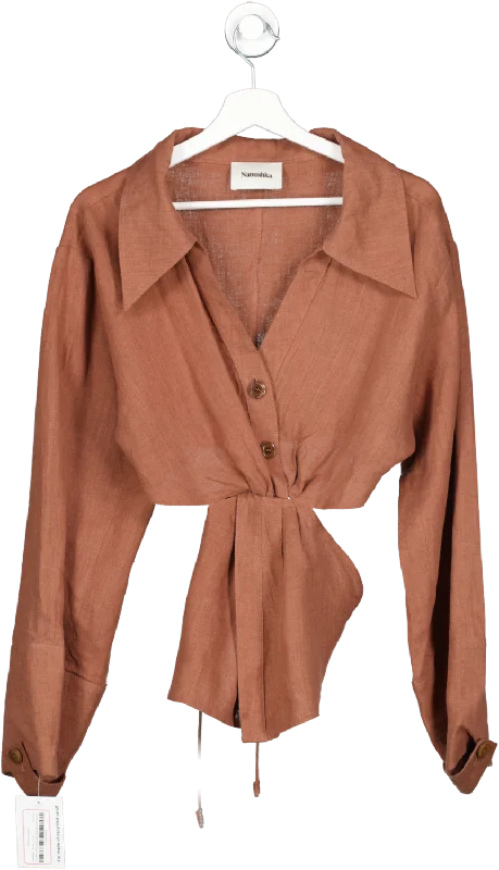 Nanushka Brown Cut Out Linen Shirt UK M Modern Contemporary Chic