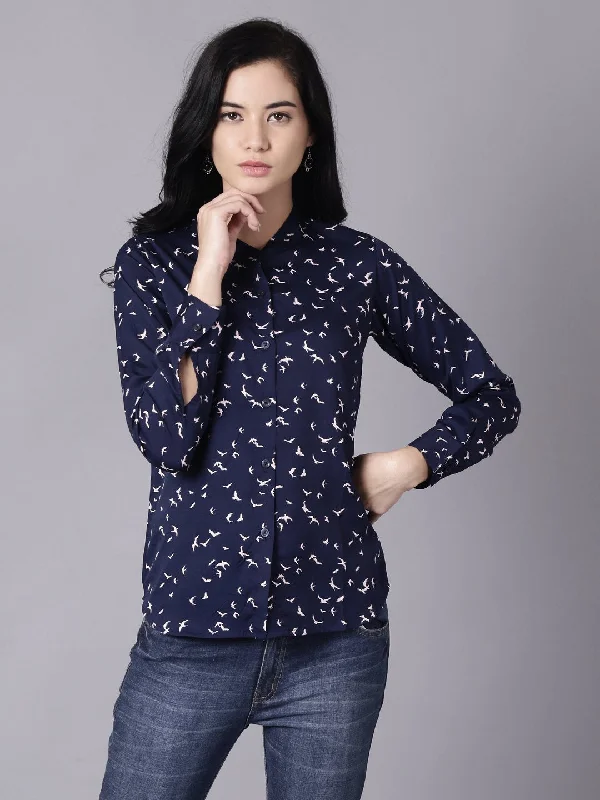 NOZ2TOZ Women Navy Blue Regular Printed Mandarin Collar Crepe Shirt Cashmere Blend Cotton Blend Poly Blend